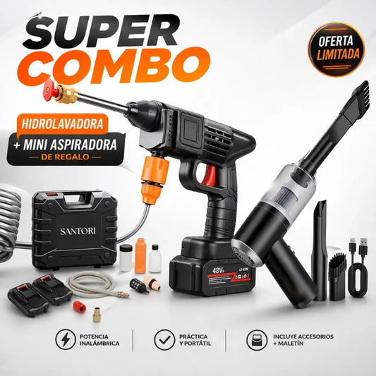 COMBO ESPECIAL: Hidrolavadora Portátil + (Aspiradora 3 en 1 + Doble Batería + Maletín)