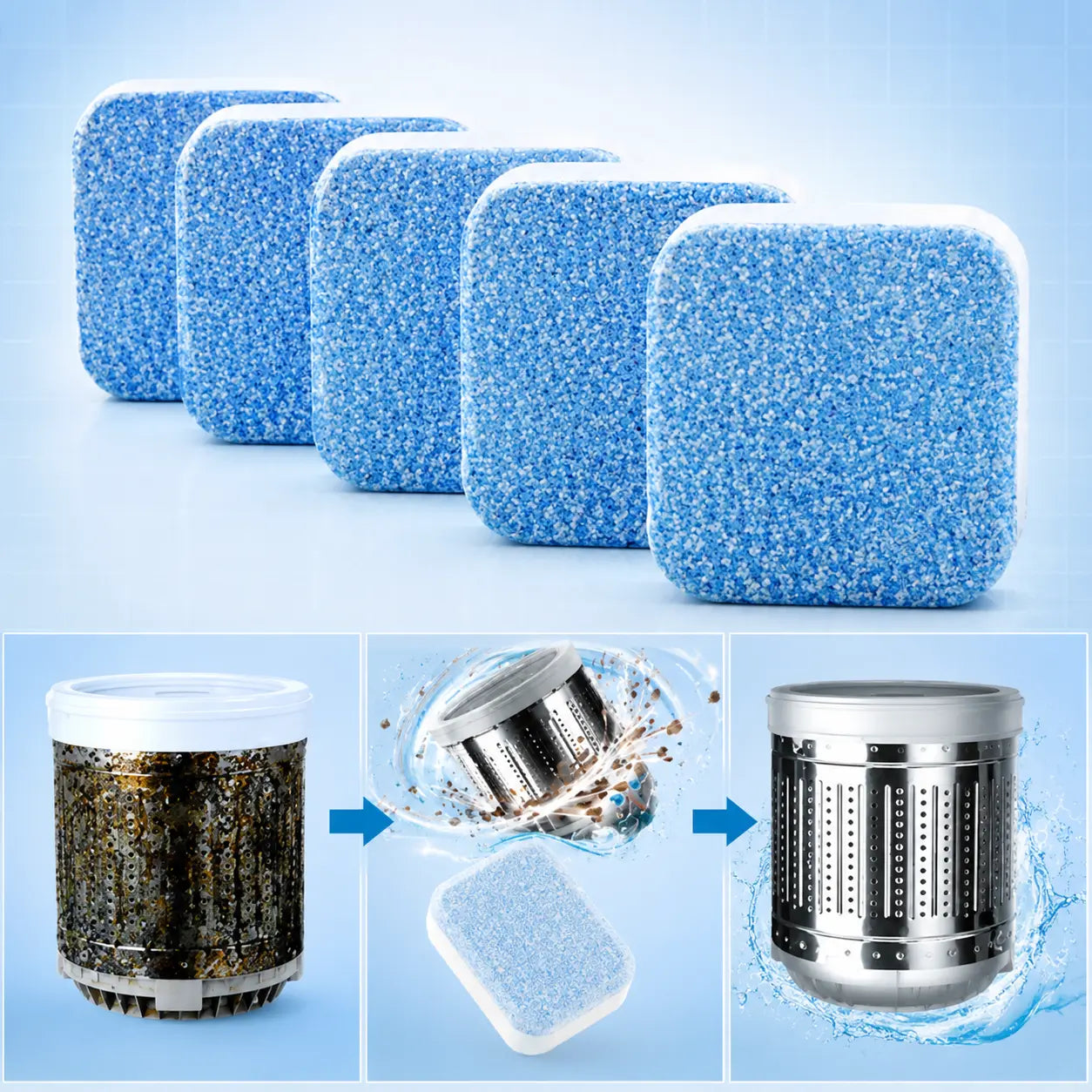 Kit Limpieza CleanMax™: 12 Pastillas Limpieza Lavadora Efervesce + Polvo Limpiador Tuberias Destapa Canos