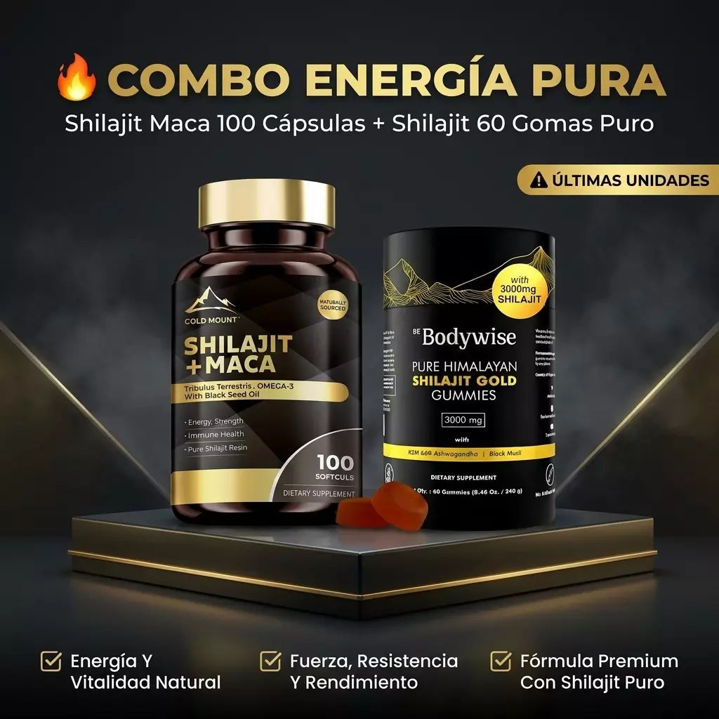 COMBO ENERGÍA PURA: Shilajit Maca 100 Cápsulas + Shilajit 60 Gomas Puro [ÚLTIMAS UNIDADES]